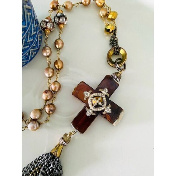 Vintage Amber Cross Necklace Freshwater Pearl Tassel Pendant - Picture 3 of 11